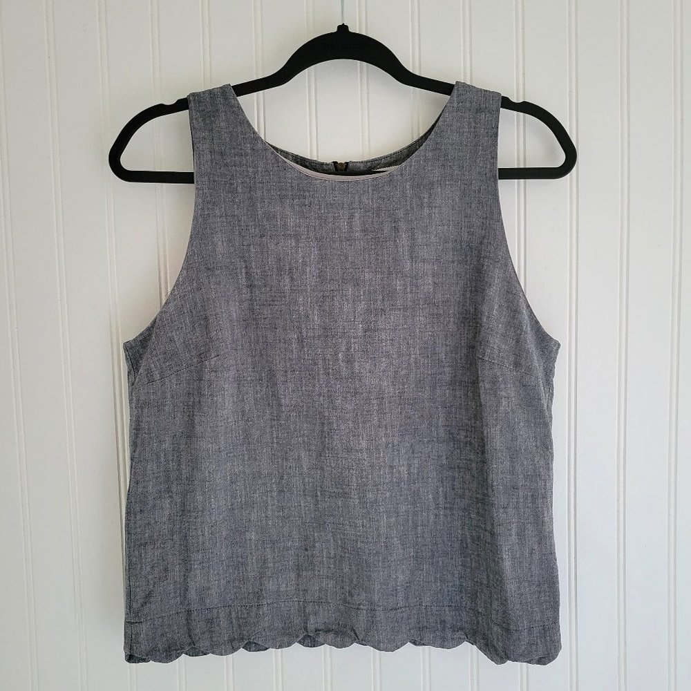 Monteau blue grey chambray scalloped hem top